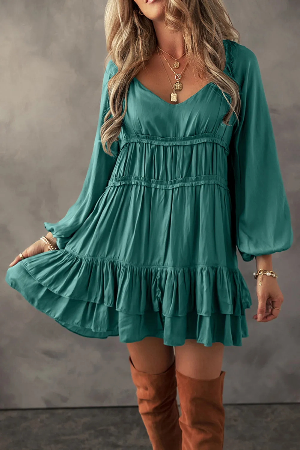 Puff Sleeve Loose Fit Tiered Ruffle Mini Dress