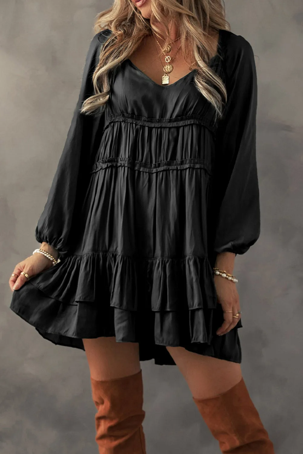 Puff Sleeve Loose Fit Tiered Ruffle Mini Dress