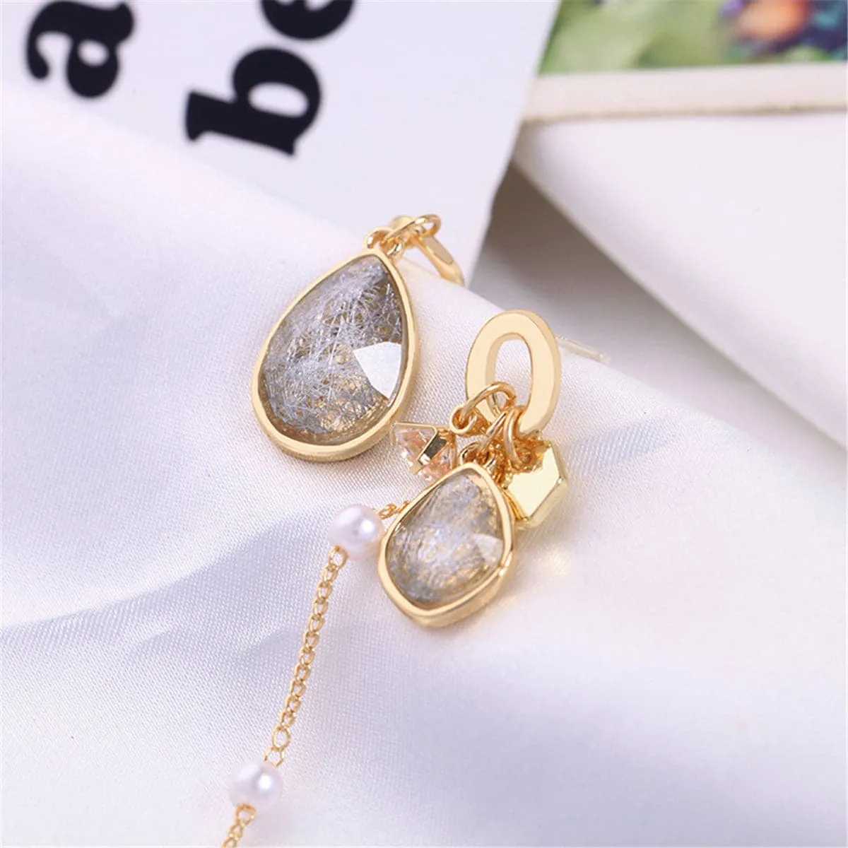 Purple Crystal & Pearl Asymmetrical Drop Earrings