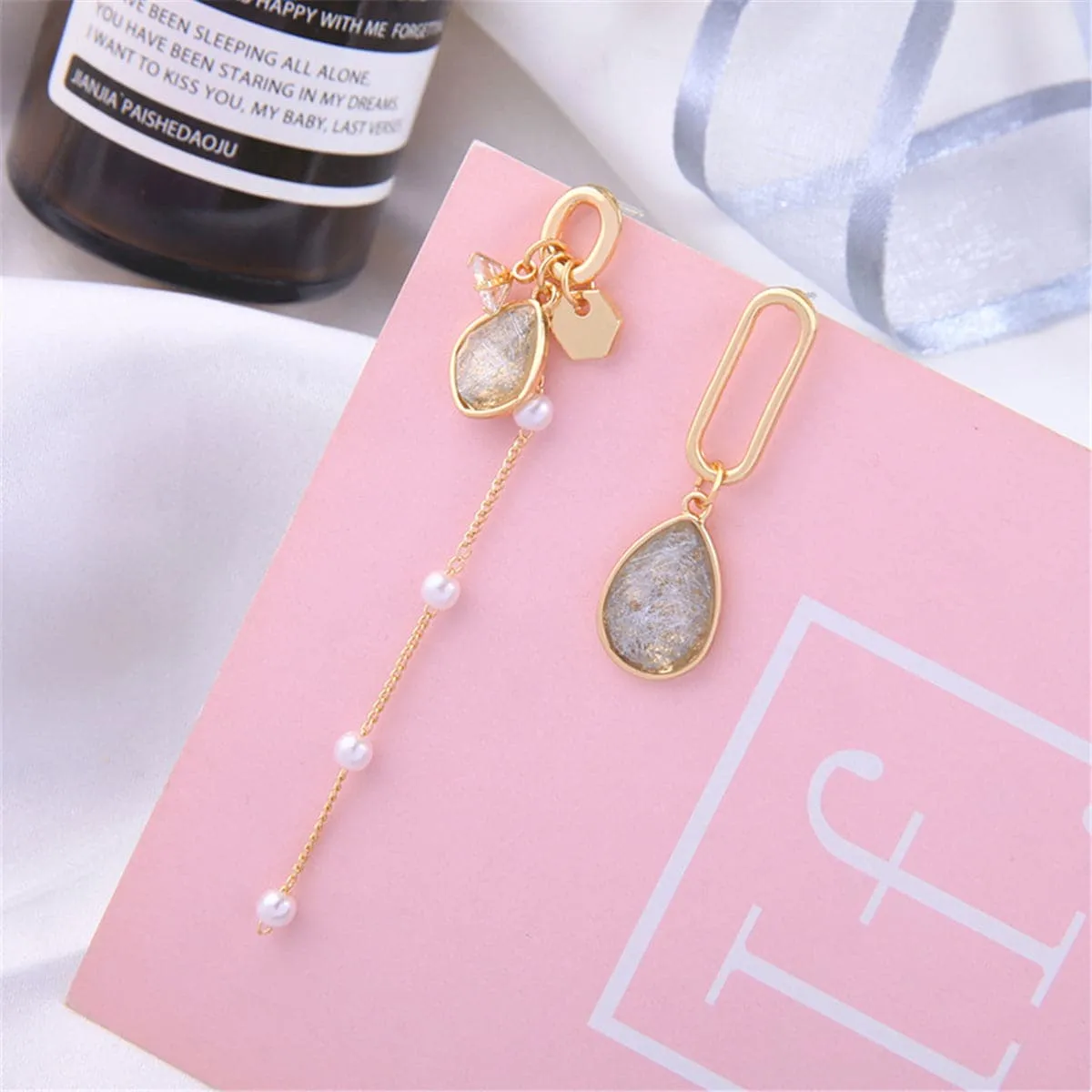Purple Crystal & Pearl Asymmetrical Drop Earrings