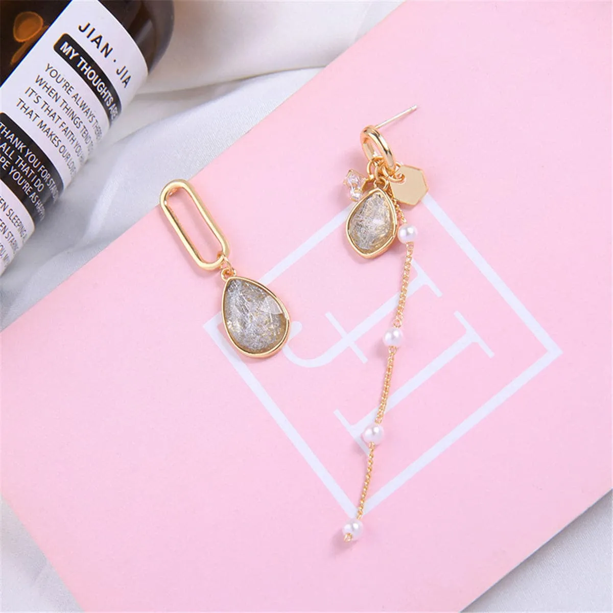 Purple Crystal & Pearl Asymmetrical Drop Earrings