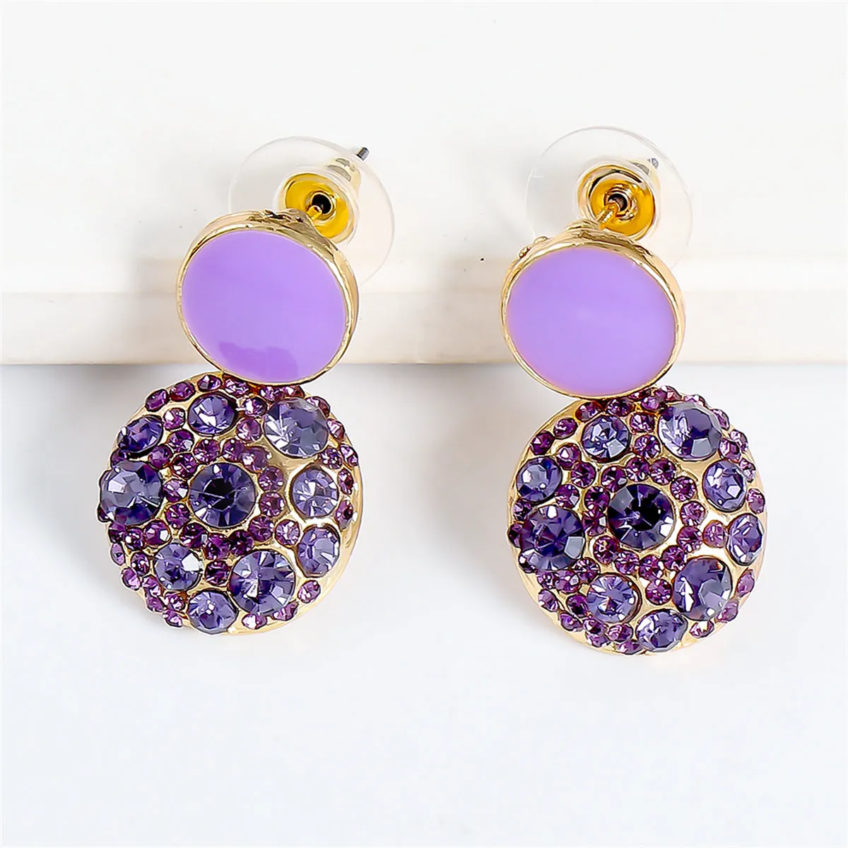 Purple Enamel & Cubic Zirconia 18K Gold-Plated Round Drop Earring