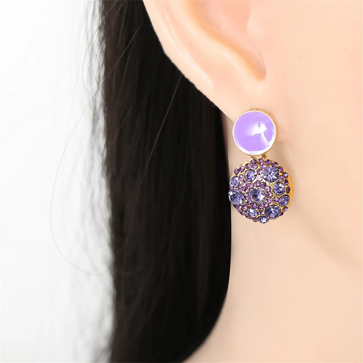 Purple Enamel & Cubic Zirconia 18K Gold-Plated Round Drop Earring