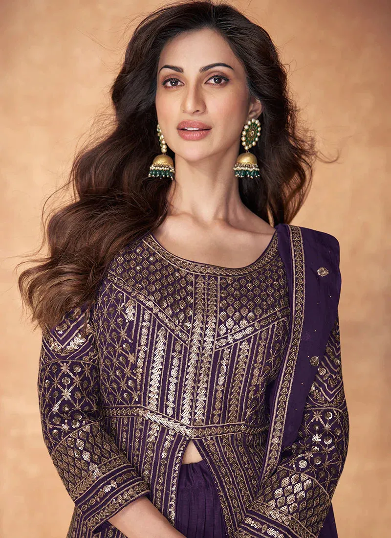 Purple Enchanting Embroidered Anarkali Style Lehenga