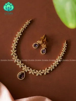 PURPLE Leafy motif with red pendant - stylish and minimal elegant neckwear with earrings- Zivara FashioN