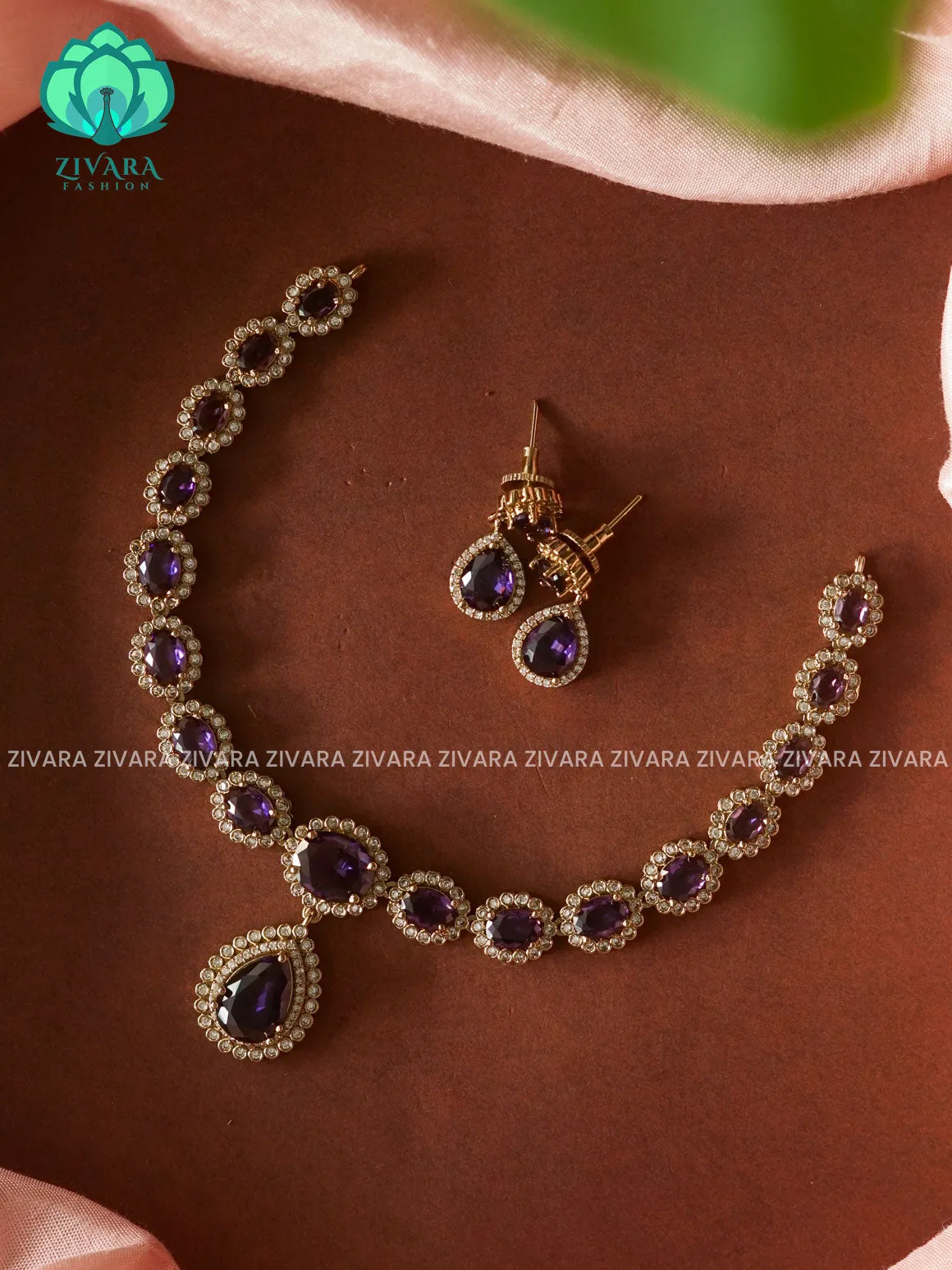 PURPLE  - TEAR PENDANT OVAL STONE  - stylish and minimal elegant neckwear with earrings- Zivara Fashion