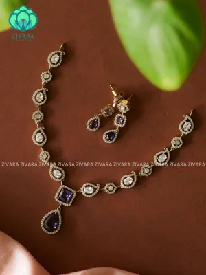 PURPLE WHITE STONE TEAR PENDANT   - stylish and minimal elegant neckwear with earrings- Zivara Fashion