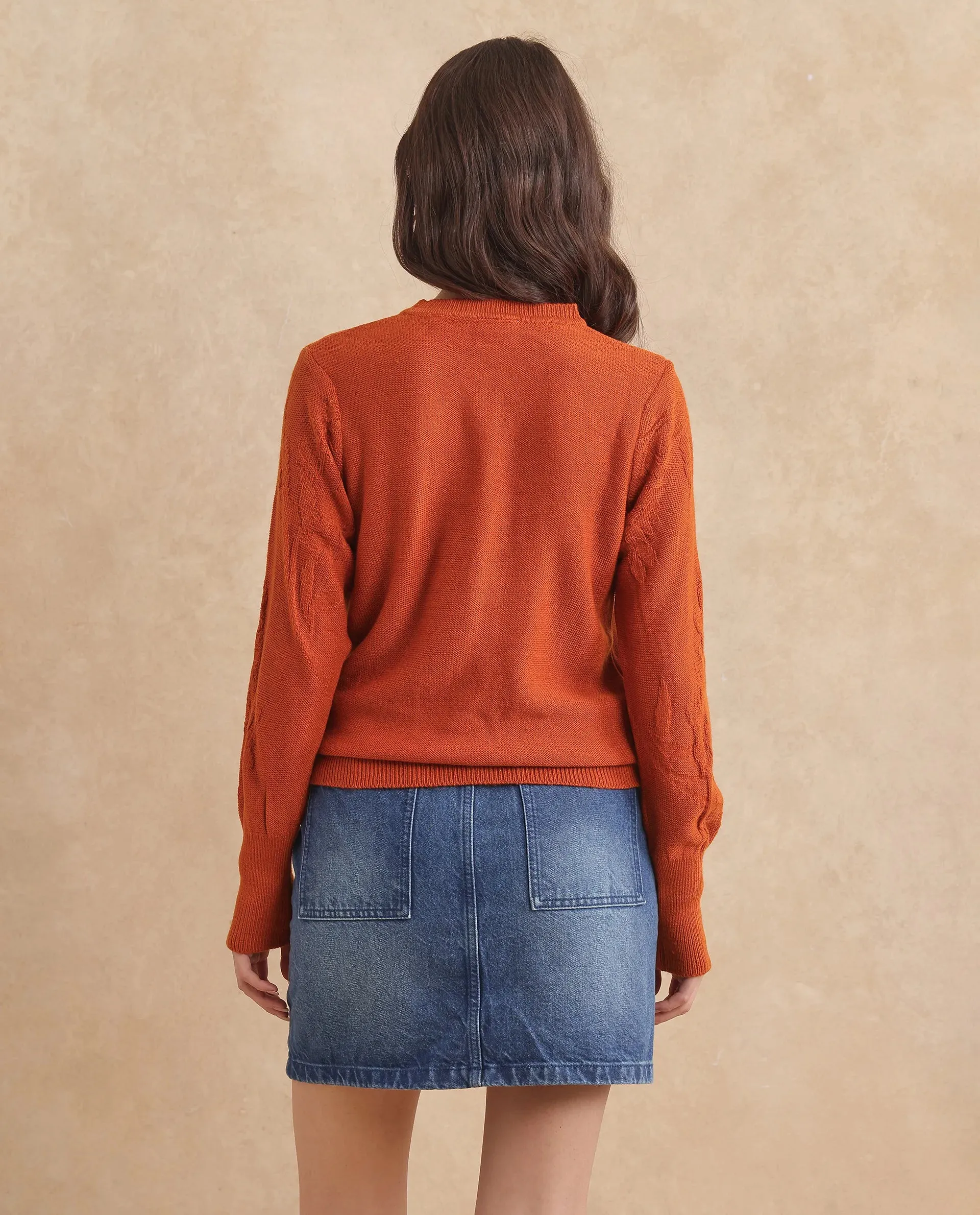 Rareism Women Bloomy Rust Acrylic Fabric Floral Jacquard Sweater