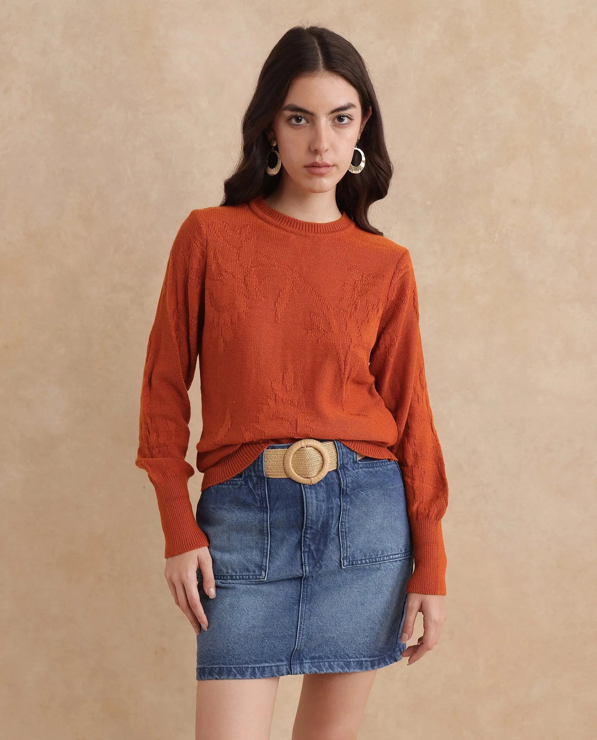 Rareism Women Bloomy Rust Acrylic Fabric Floral Jacquard Sweater