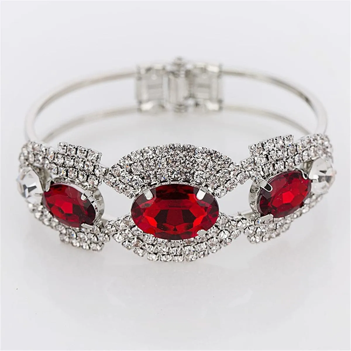 Red & Silver-Plated Oval Bangle