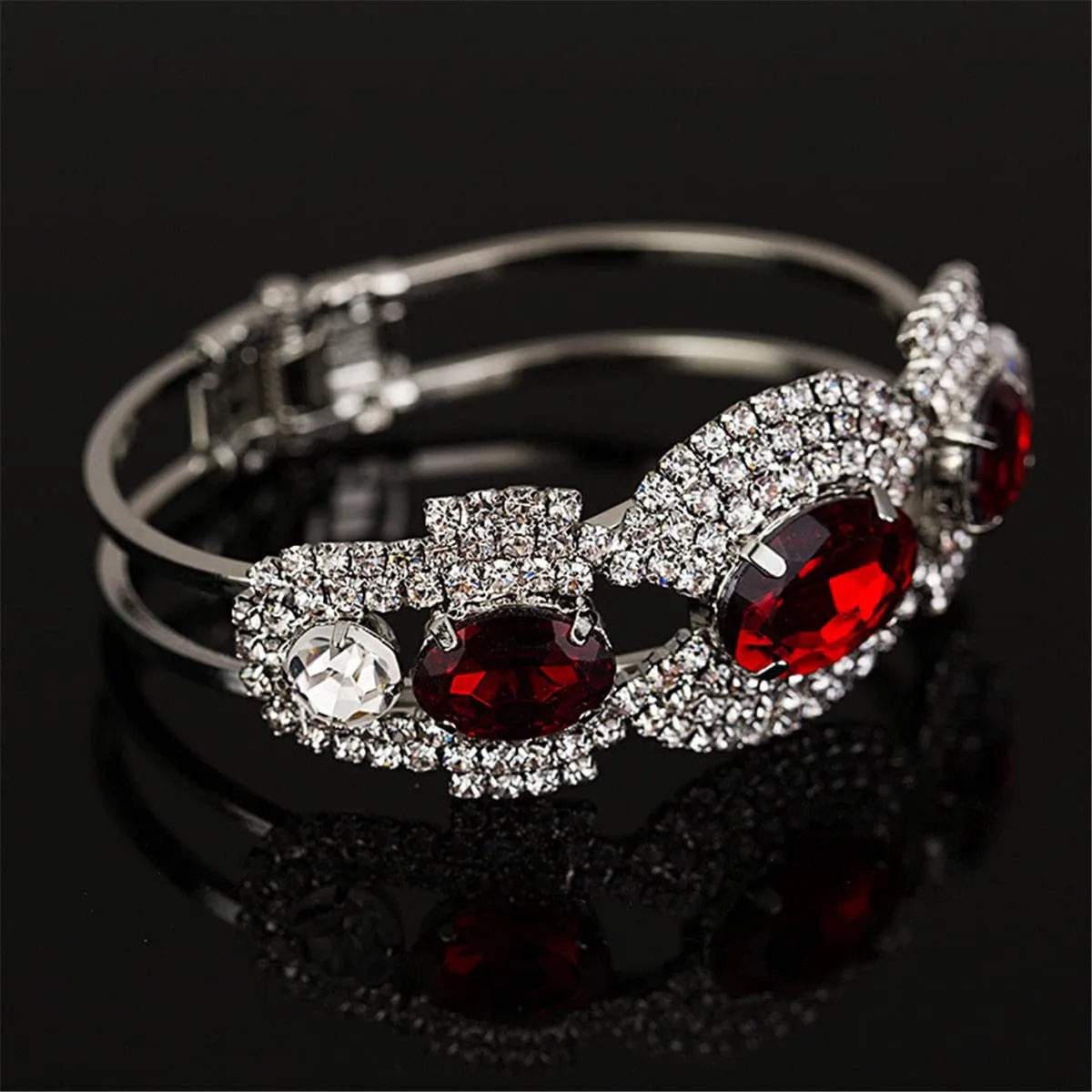 Red & Silver-Plated Oval Bangle