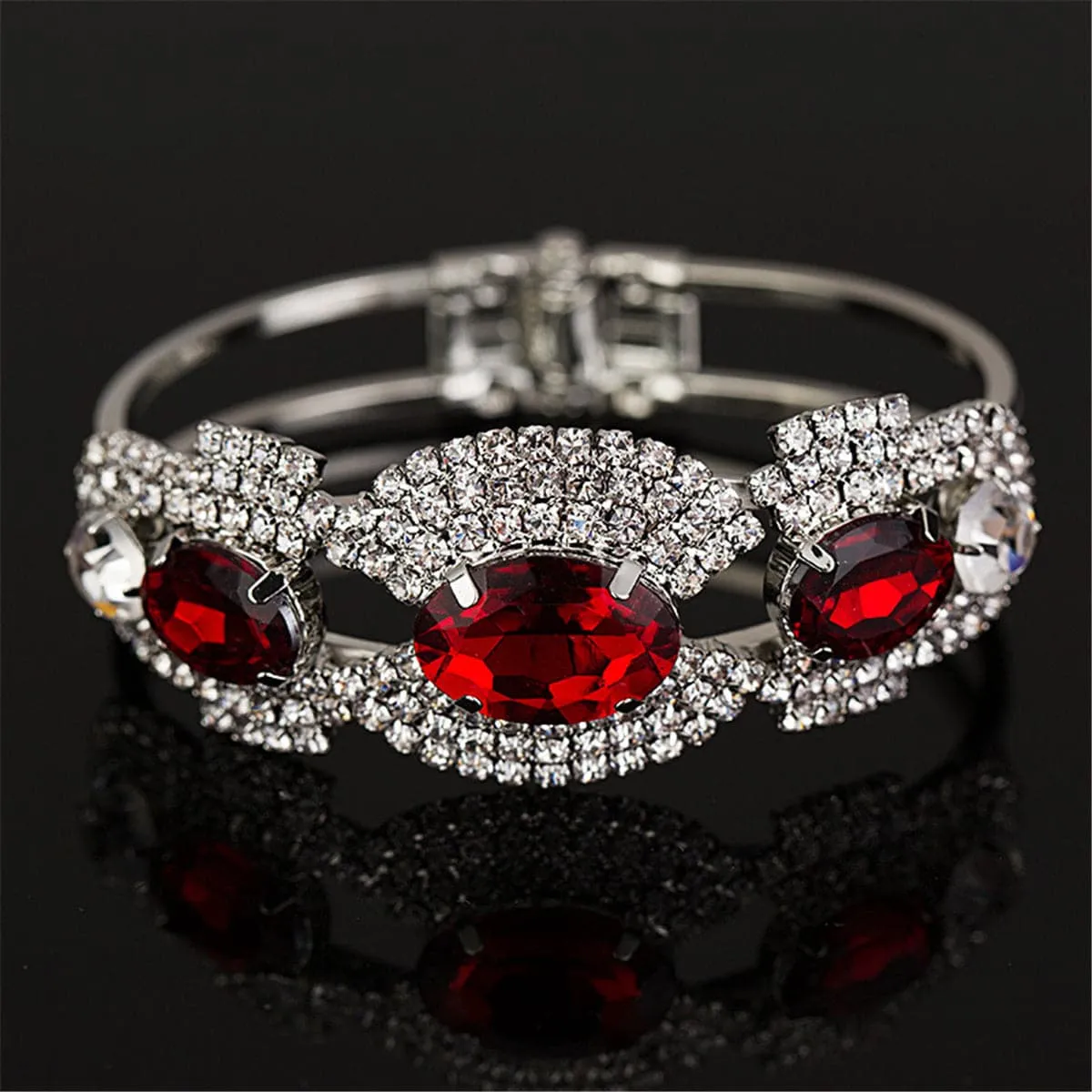 Red & Silver-Plated Oval Bangle