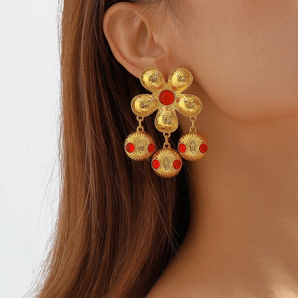 Red Resin & 18K Gold-Plated Flower Drop Earrings