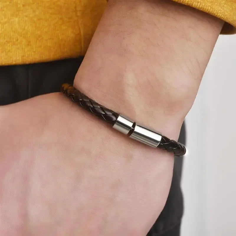 Refined Black Leather Bracelet with Classic Braiding A Stylish Men's New Year Accessory and Gift