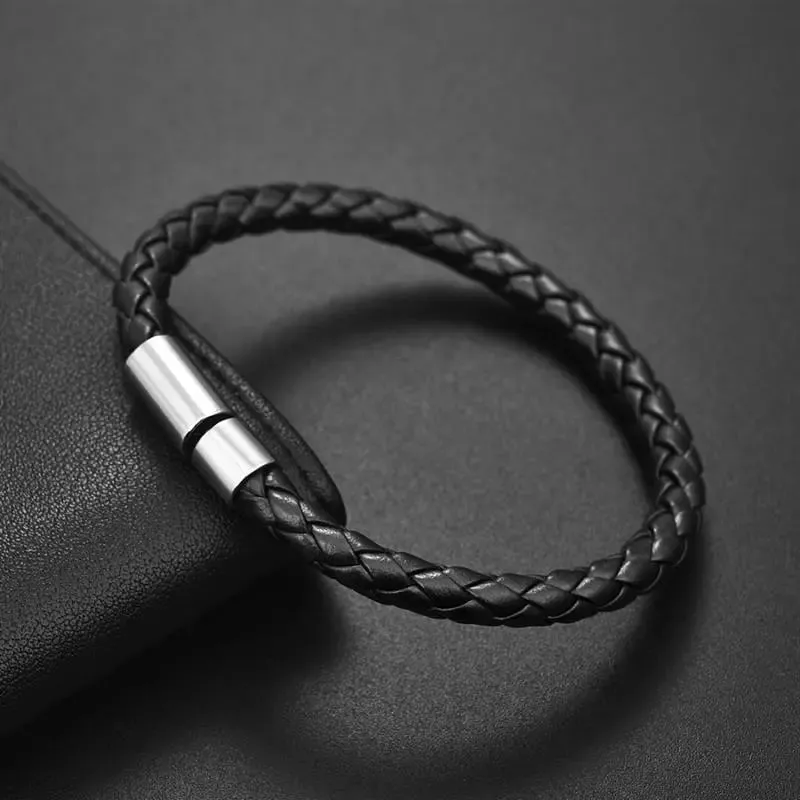 Refined Black Leather Bracelet with Classic Braiding A Stylish Men's New Year Accessory and Gift