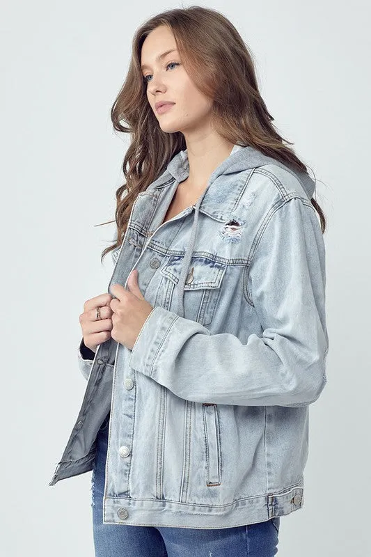 RISEN Distressed Hooded Light Denim Jacket IN STORE RDJ1104