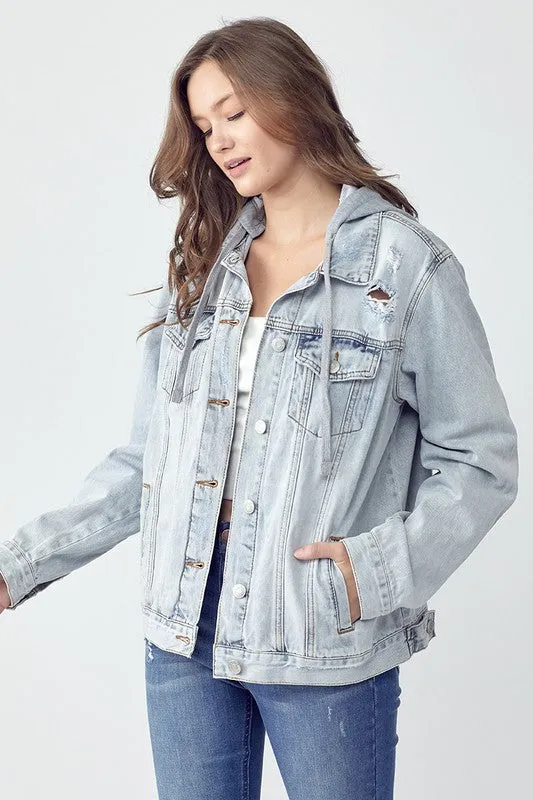 RISEN Distressed Hooded Light Denim Jacket IN STORE RDJ1104