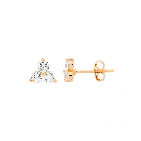 Rose Gold Plated Sterling Silver Stud Earrings with Three Claw Set 3mm Cubic Zirconias E563R