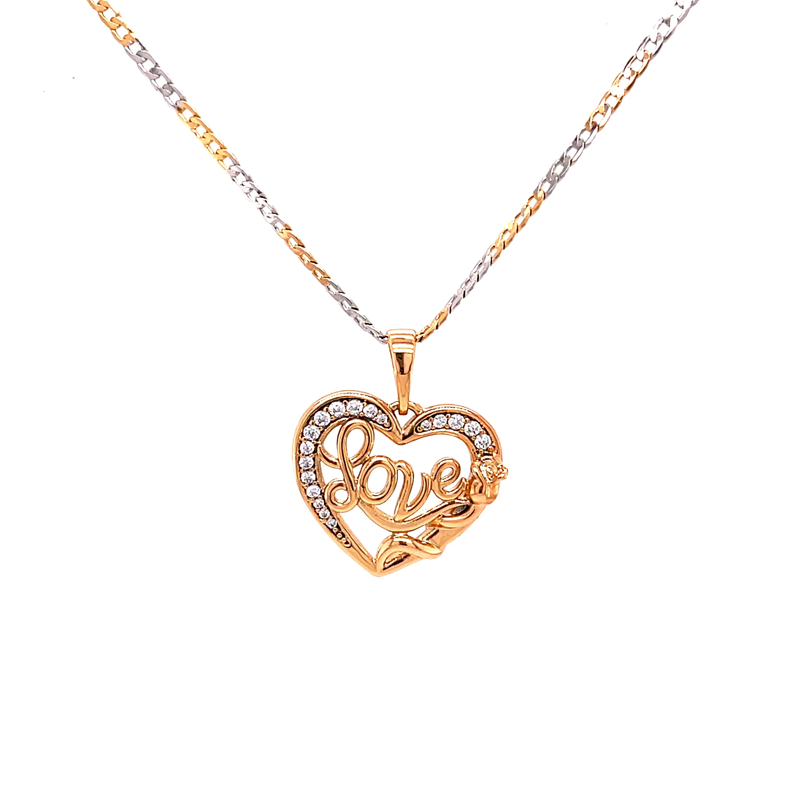 Rose of Love Zirconia Pendant Necklace Two Tone Rose Cuban Link