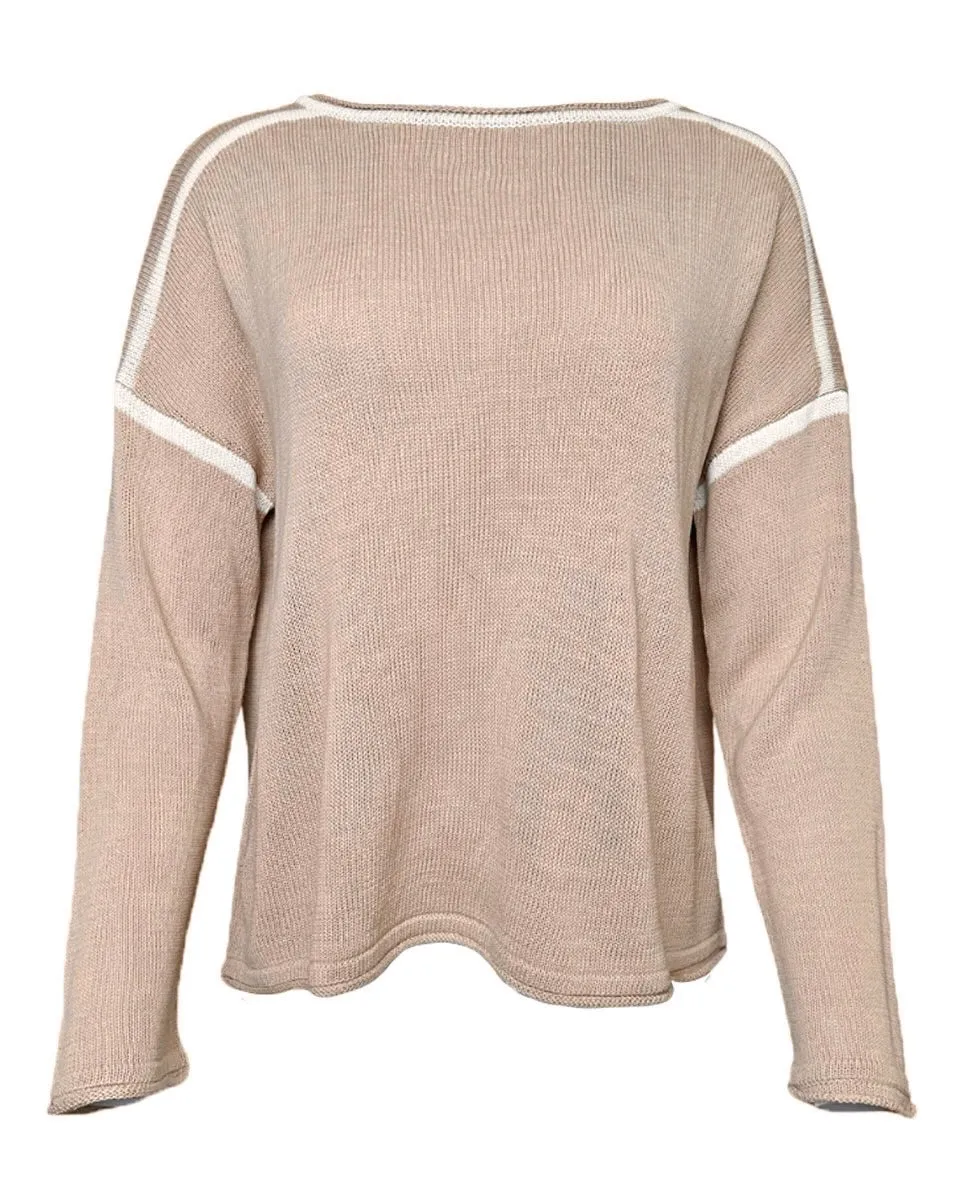 Round Neck Long Sleeve Color Contrast Sweater in Tan/Cream