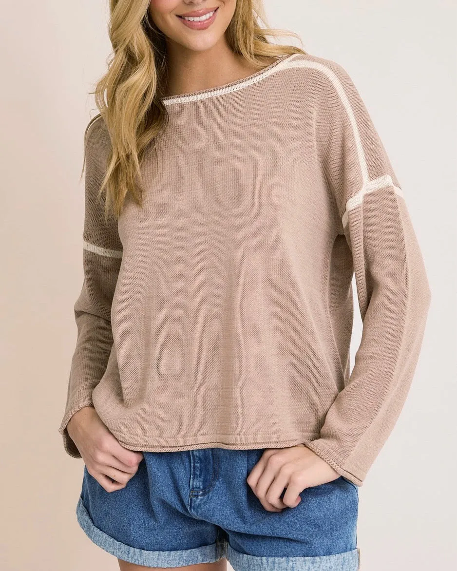 Round Neck Long Sleeve Color Contrast Sweater in Tan/Cream