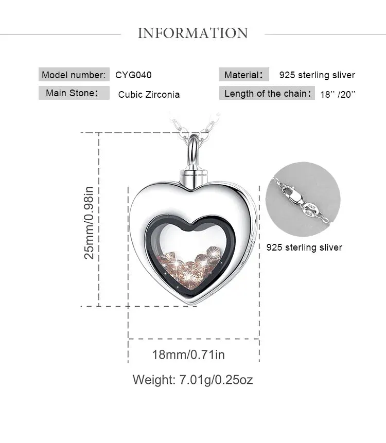 S925 Sterling Silver Heart Urn Locket for cremation ashes. Comes in several Birth Stone crystal colors