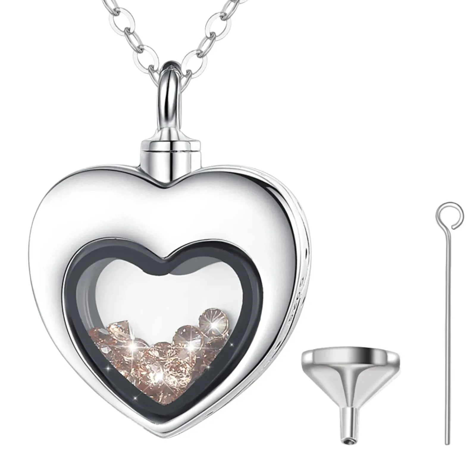 S925 Sterling Silver Heart Urn Locket for cremation ashes. Comes in several Birth Stone crystal colors