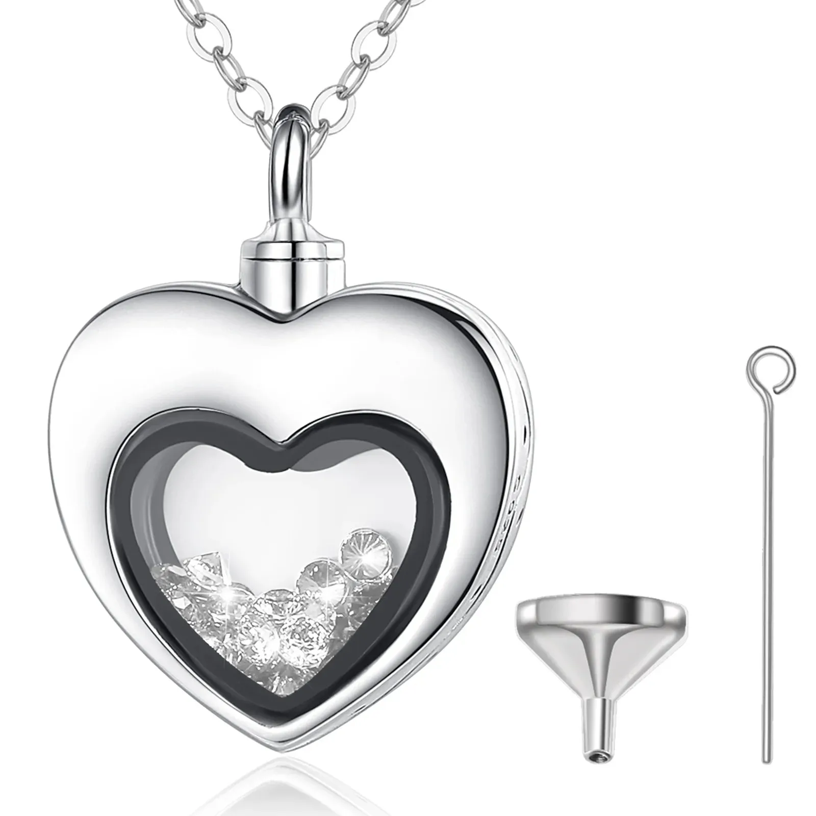 S925 Sterling Silver Heart Urn Locket for cremation ashes. Comes in several Birth Stone crystal colors