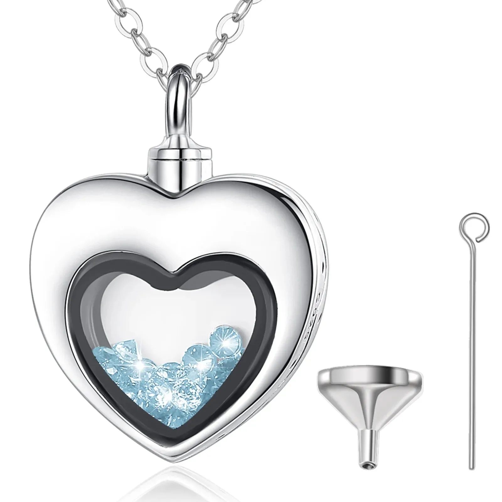 S925 Sterling Silver Heart Urn Locket for cremation ashes. Comes in several Birth Stone crystal colors