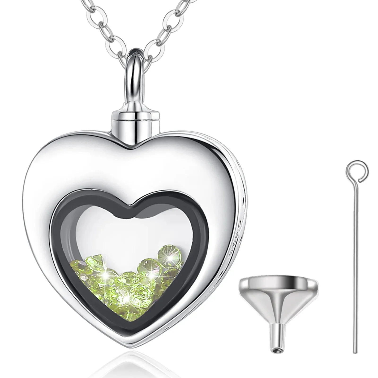 S925 Sterling Silver Heart Urn Locket for cremation ashes. Comes in several Birth Stone crystal colors