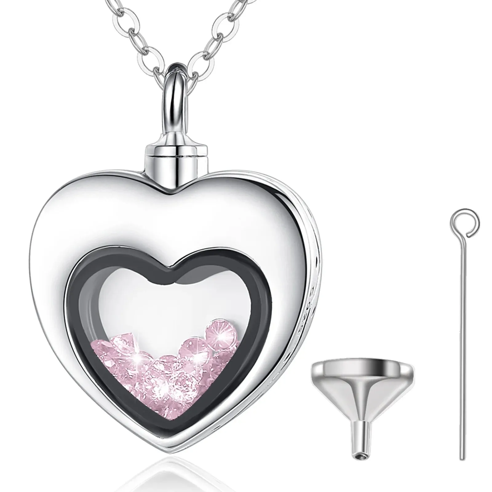 S925 Sterling Silver Heart Urn Locket for cremation ashes. Comes in several Birth Stone crystal colors