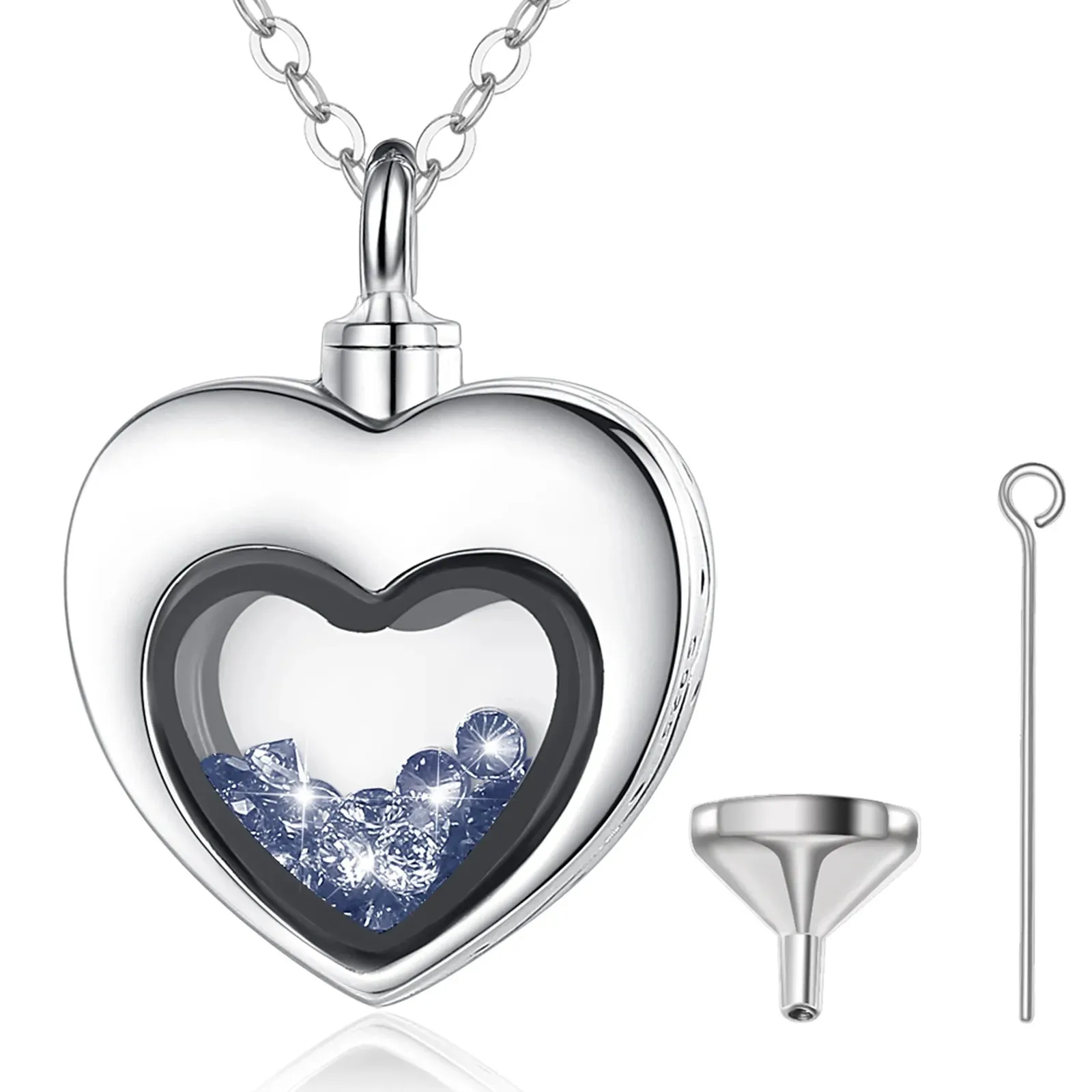 S925 Sterling Silver Heart Urn Locket for cremation ashes. Comes in several Birth Stone crystal colors