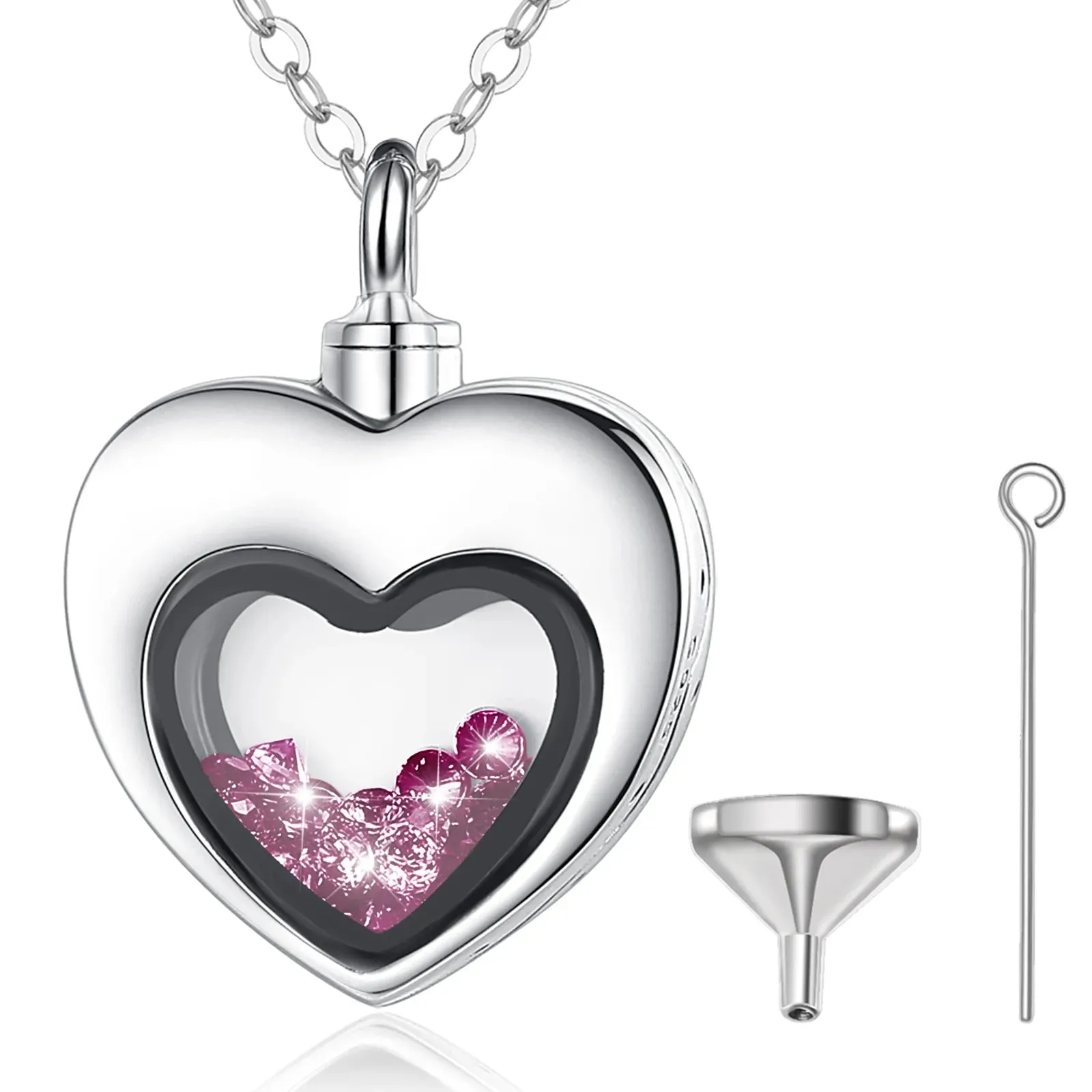 S925 Sterling Silver Heart Urn Locket for cremation ashes. Comes in several Birth Stone crystal colors