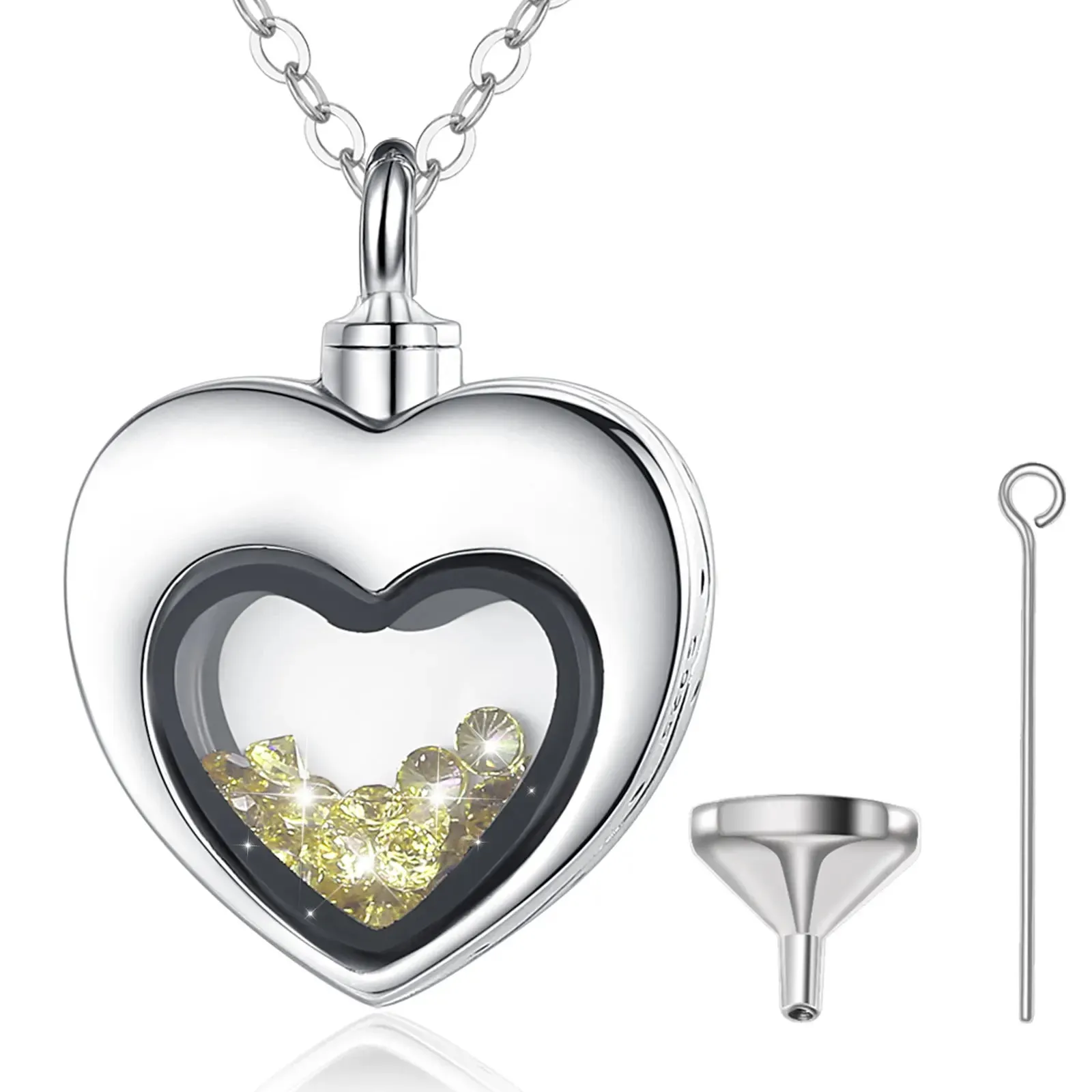 S925 Sterling Silver Heart Urn Locket for cremation ashes. Comes in several Birth Stone crystal colors