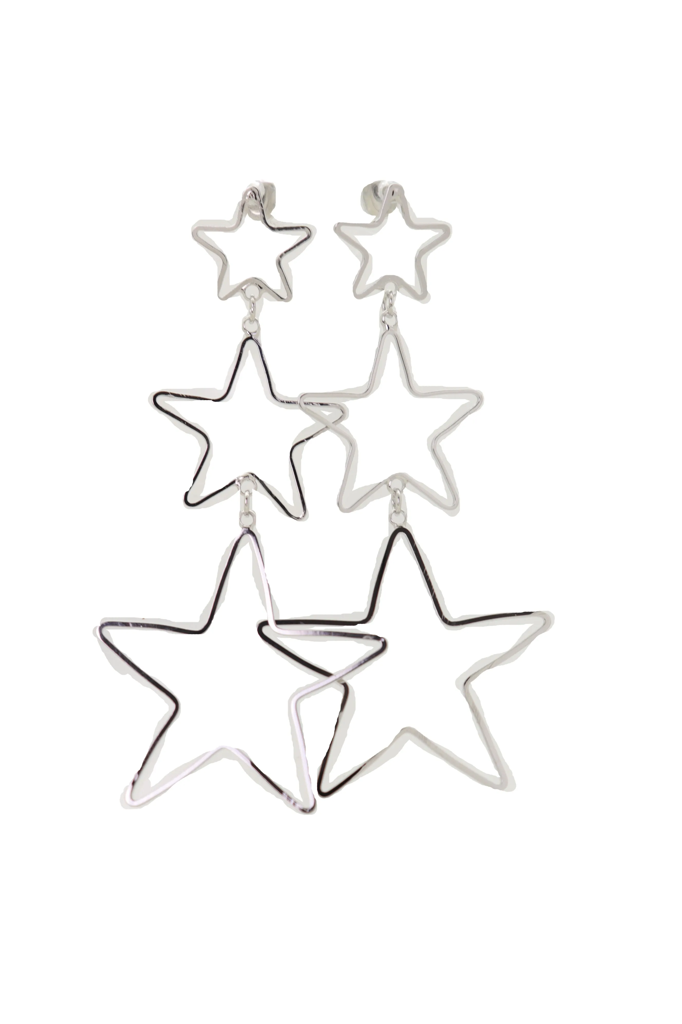 Silver 3-Star Outline Drop Earrings