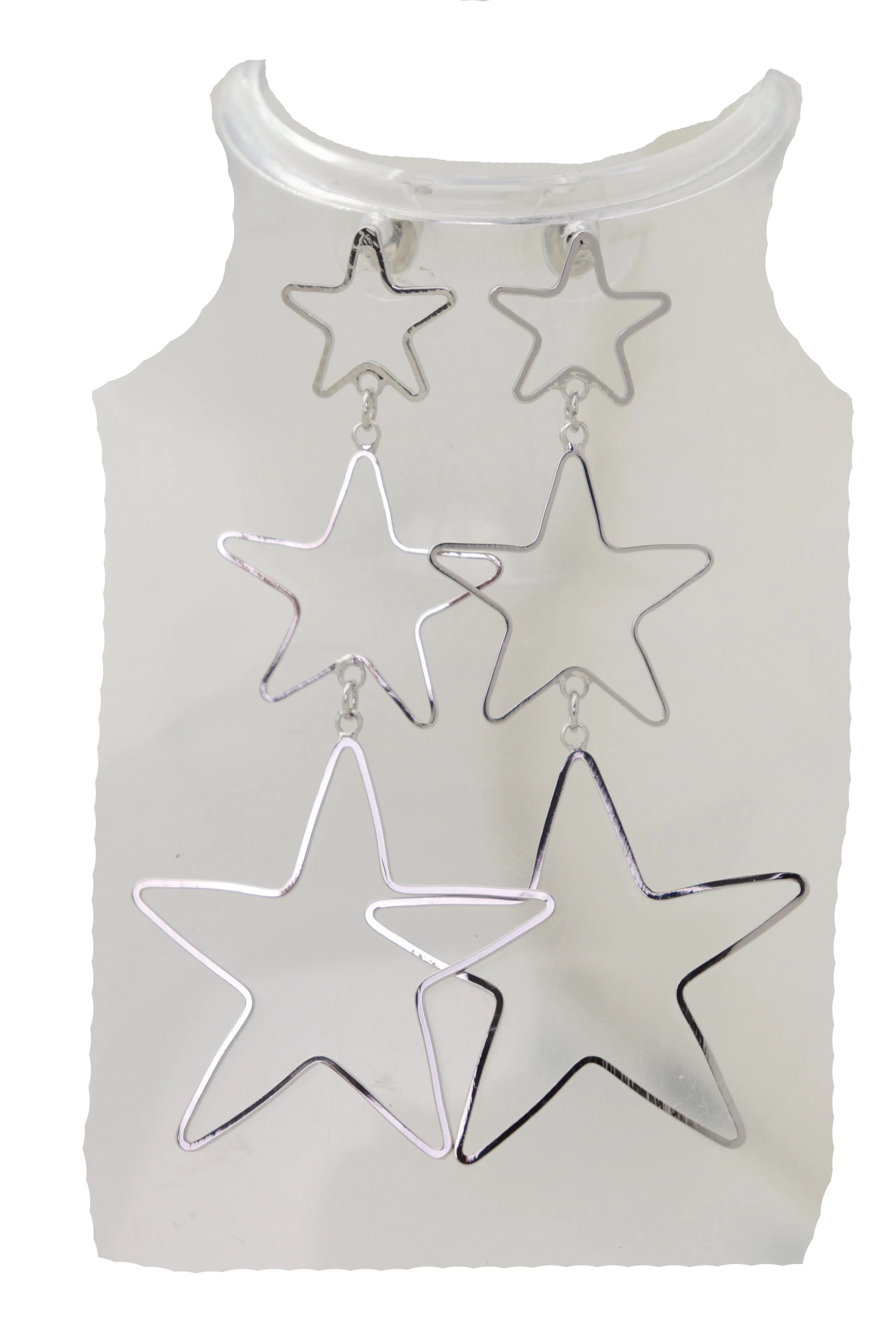 Silver 3-Star Outline Drop Earrings