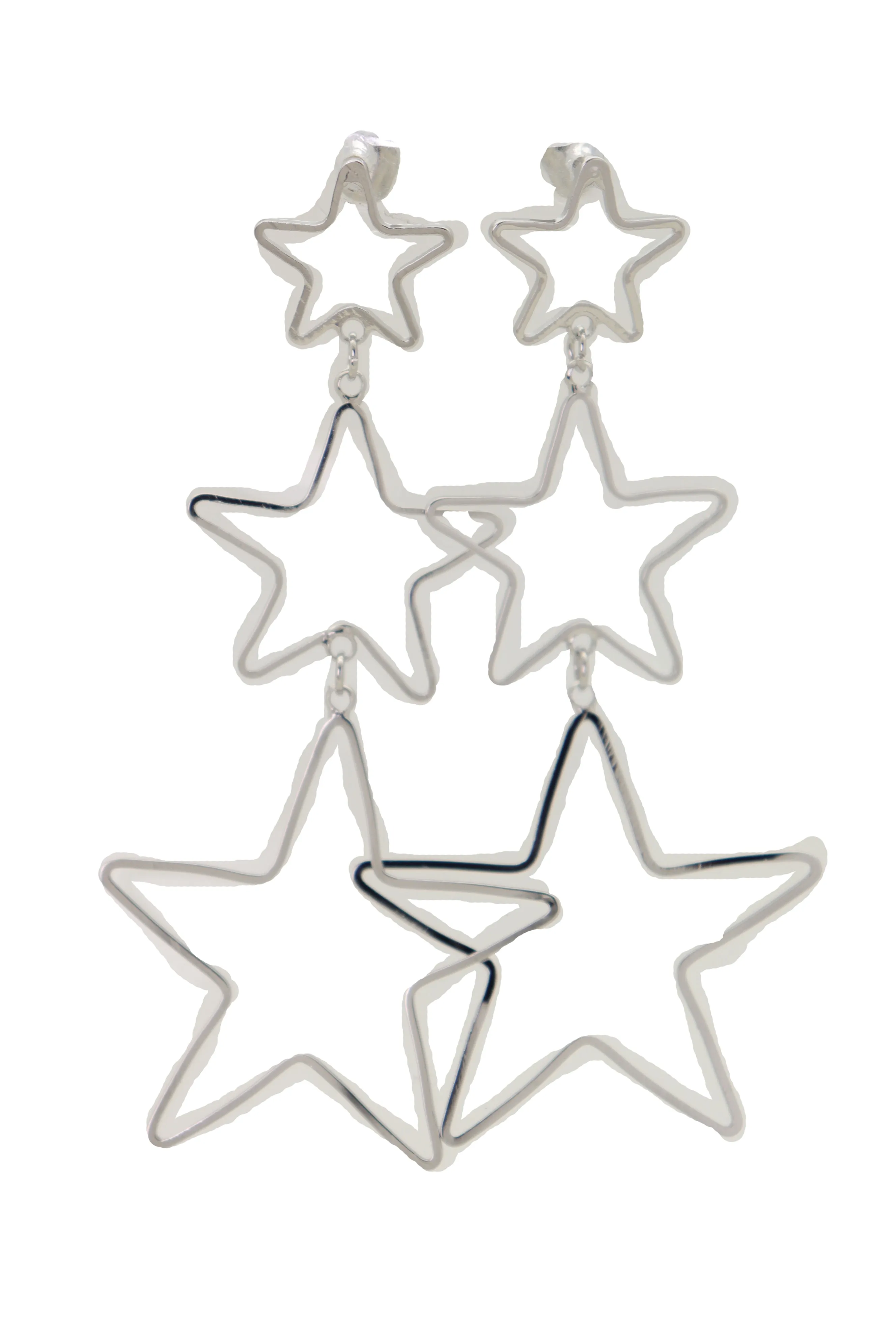 Silver 3-Star Outline Drop Earrings