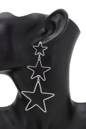 Silver 3-Star Outline Drop Earrings