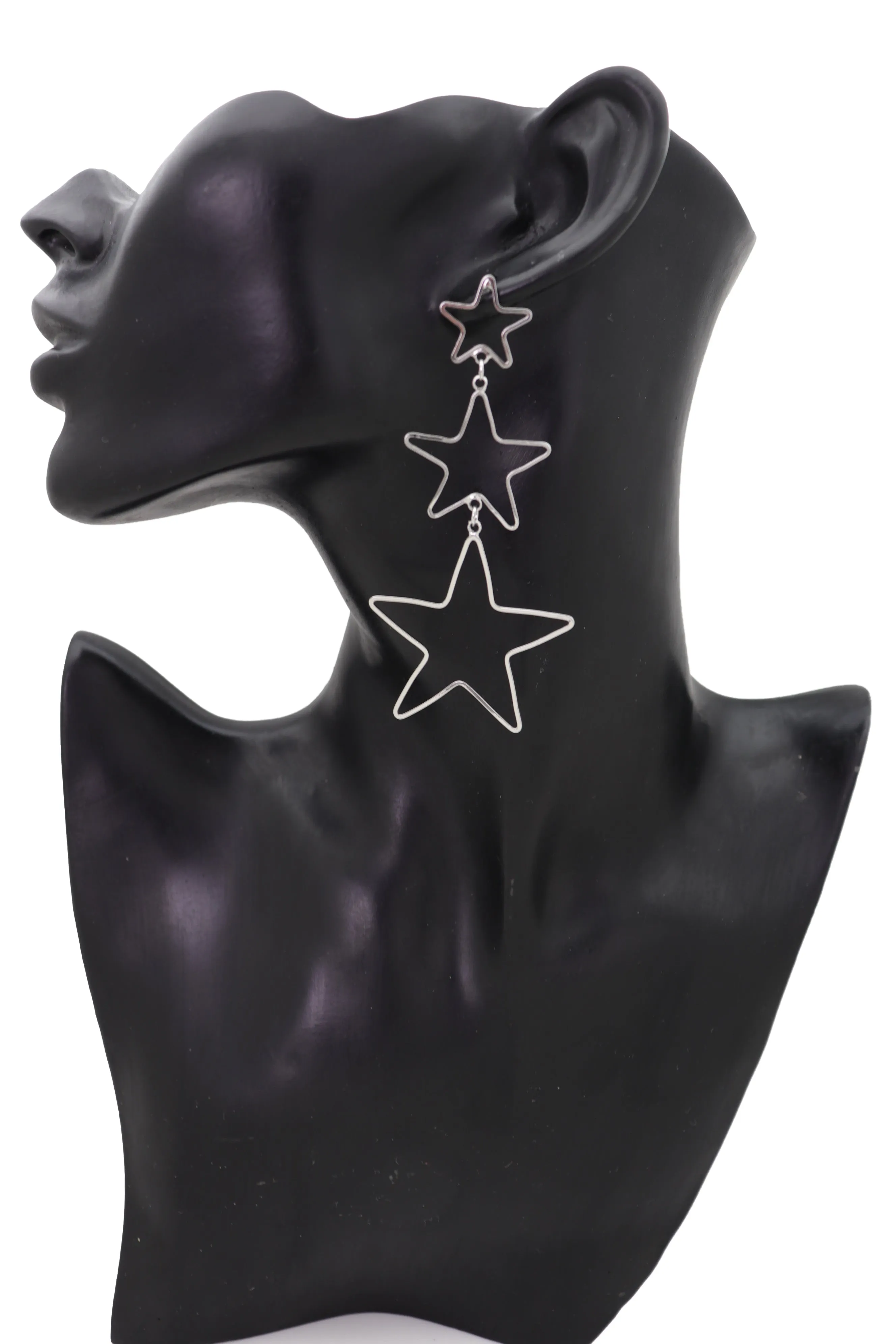 Silver 3-Star Outline Drop Earrings