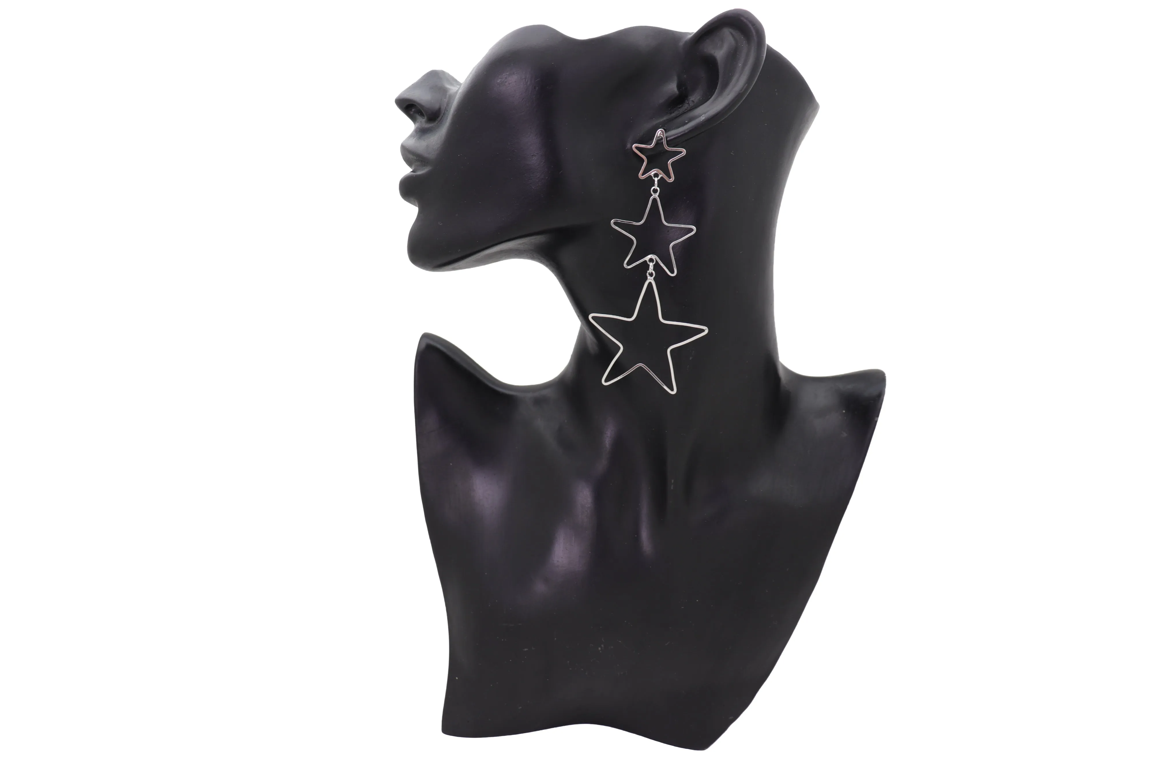 Silver 3-Star Outline Drop Earrings