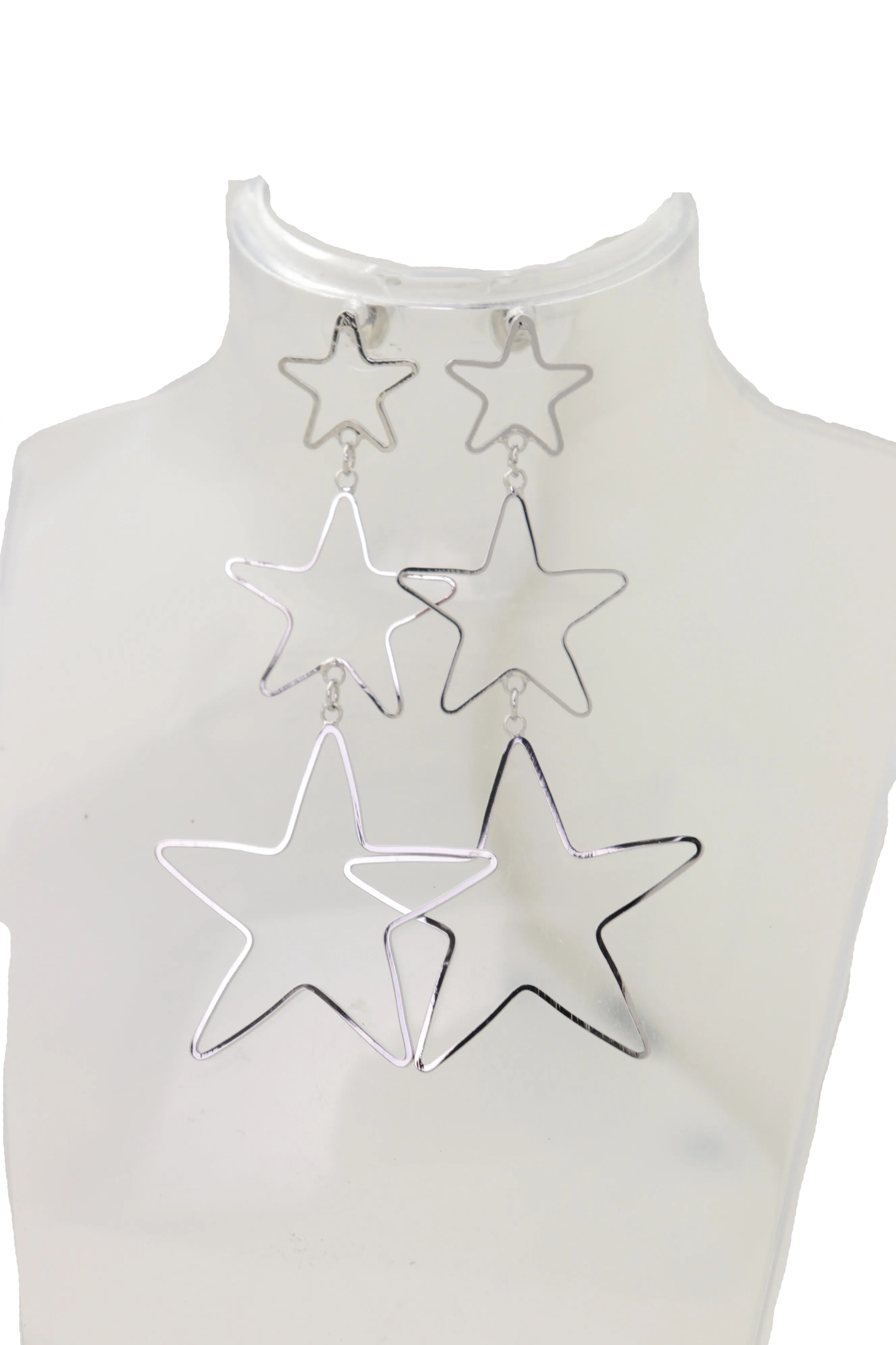 Silver 3-Star Outline Drop Earrings