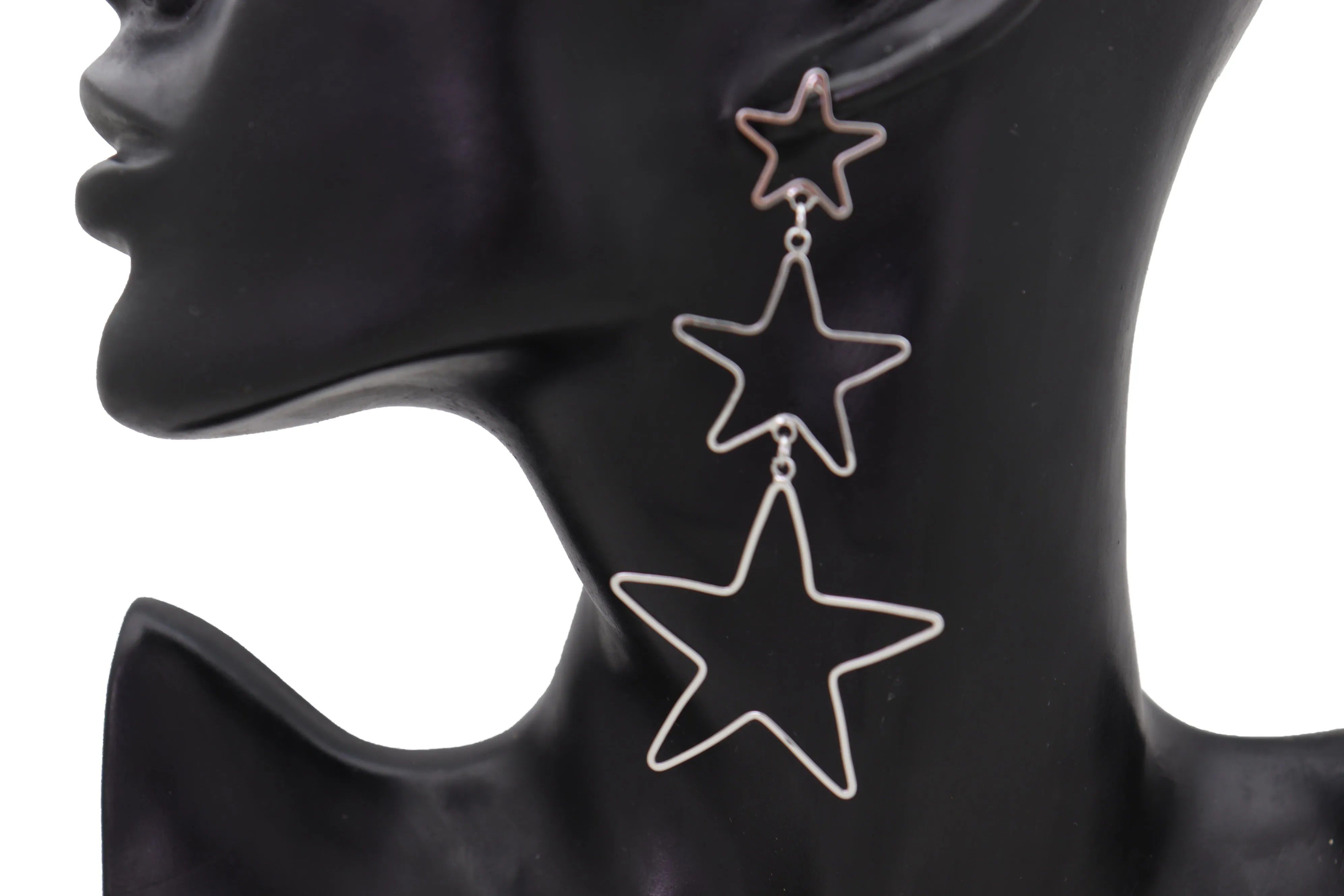 Silver 3-Star Outline Drop Earrings