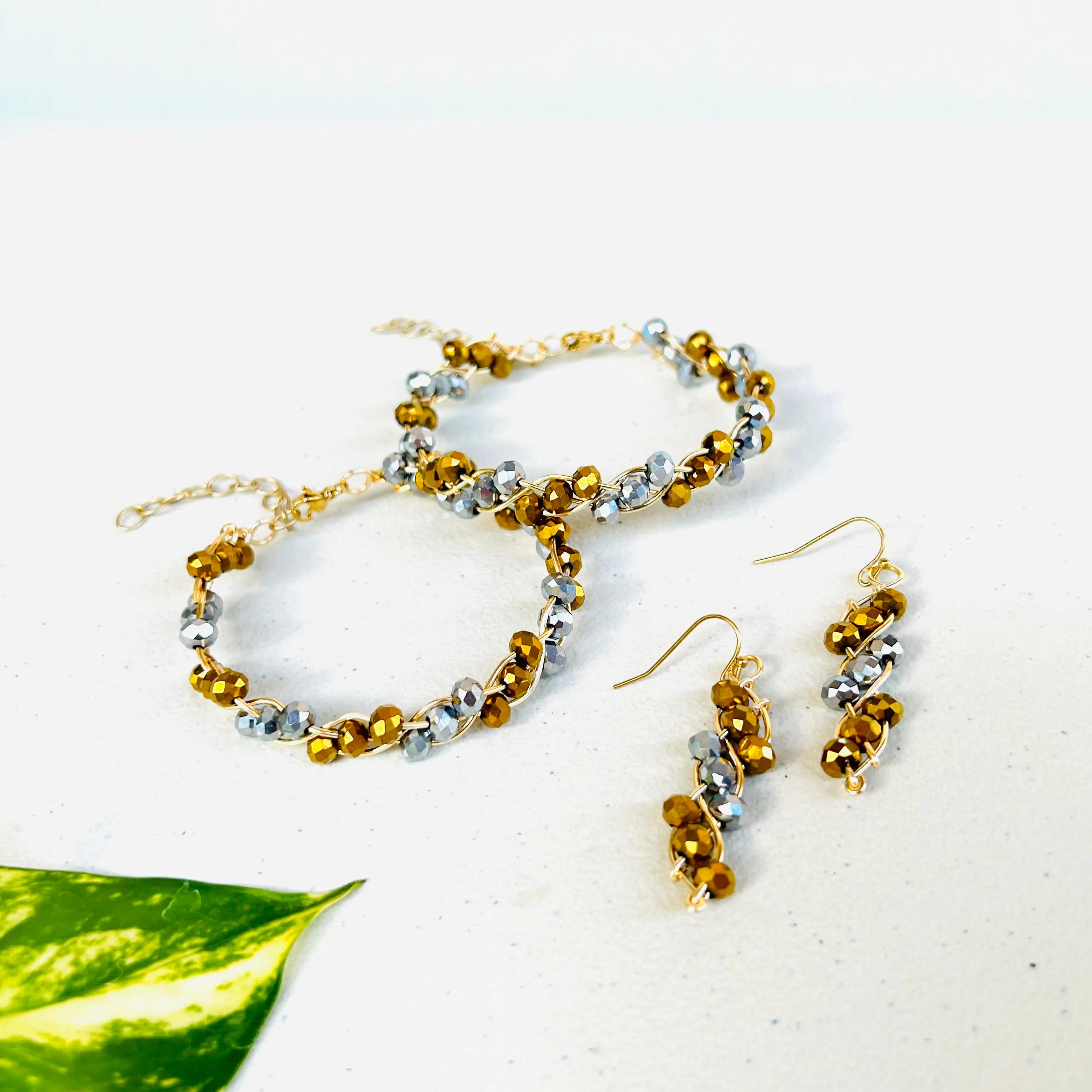 Silver & Gold Triple Wave Rondelle Crystals Bracelet
