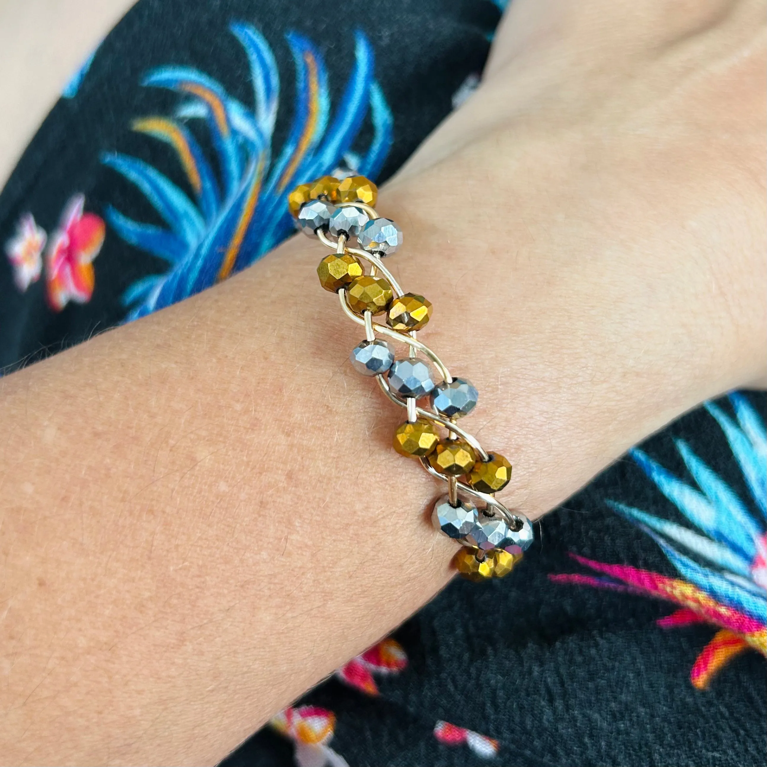 Silver & Gold Triple Wave Rondelle Crystals Bracelet
