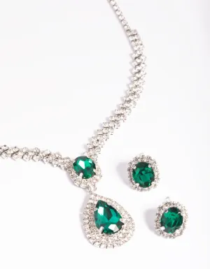 Silver Diamond Simulant Emerald Necklace & Earrings Set