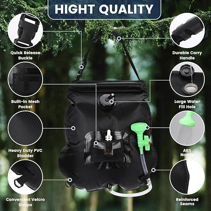 Solar Shower Bag, Portable Solar Shower for Camping, 5 Gallons/20L Camping Shower Bag with Removable Hose and On-Off Switchable Shower Head, Portable Shower for Camping, Hiking, Beach Swimming