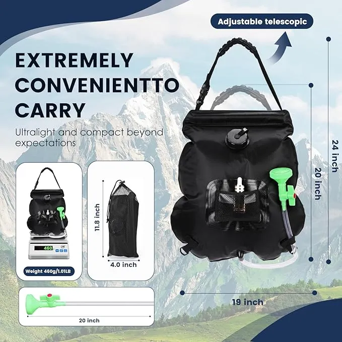 Solar Shower Bag, Portable Solar Shower for Camping, 5 Gallons/20L Camping Shower Bag with Removable Hose and On-Off Switchable Shower Head, Portable Shower for Camping, Hiking, Beach Swimming