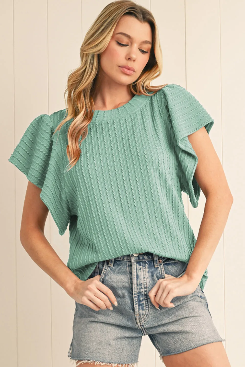 Solid Color Textured Ruffle Short Sleeve Knit Top