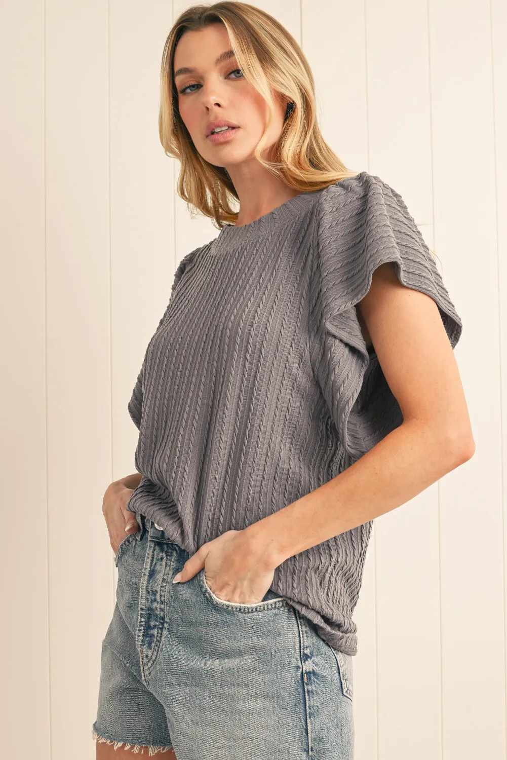 Solid Color Textured Ruffle Short Sleeve Knit Top