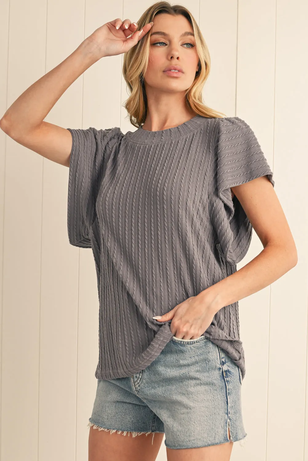 Solid Color Textured Ruffle Short Sleeve Knit Top